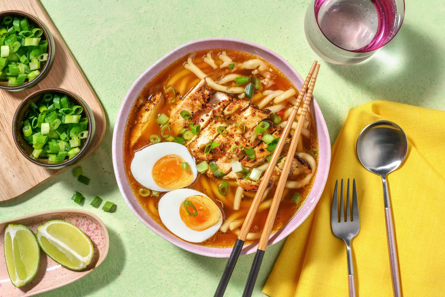 Ramen casero de pollo con fideos udon y verduras